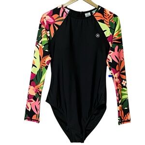 Hurley Floral Long Sleeve One Piece Rash Guard Swimsuit L Black UPF 50+ NWT